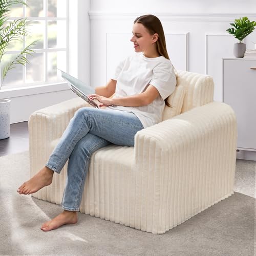 Hobestluk Einzelsofa Schaumstoff-Couch-Sofa für kleine Räume, bequeme Sofas mit abnehmbarem Bezug, pelzige Couch mit Kissen für Wohnzimmer, Schlafzimmer, Wohnung, Büro (Weiß, Standard) von Hobestluk
