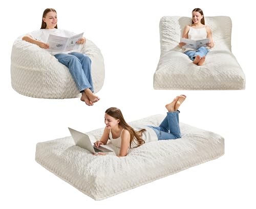 Hobestluk Sitzsack-Stuhl, wandelbarer Sitzsack für Erwachsene, große Sitzsäcke mit Plüsch-Zickzack-Bezug, Erwachsenen-Sitzsack für Wohnzimmer, Schlafzimmer (Weiß, Twin) von Hobestluk