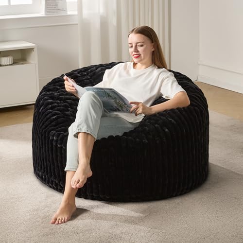 Hobestluk Sitzsack für Erwachsene, großer Sitzsack mit gestreiftem Plüschbezug, großer Sitzsack für Wohnzimmer, Schlafzimmer, Wohnheim, Büro, 91,4 x 91,4 x 55,9 cm, Schwarz von Hobestluk