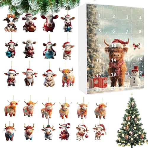 Hobngmuc Christmas Cow Countdown,Weihnachtsbaum Flachanhänger Adventskalender | Festlicher Adventsschmuck Sammeldekoration Partyzubehör Für Wohnheim Zuhause Kamin Fenster Auto Schlafzimmer Wohnzimmer von Hobngmuc