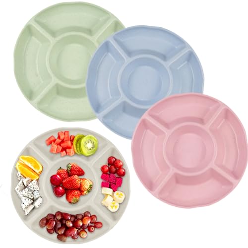 Hocadrv 4 Stück Snackteller Snackschale mit 5 Fächern Plastik Snackteller Rundes Snackteller mit Fächern Wiederverwendbar Obstteller Snack Tablett für Home Party Nüsse Desserts Trockenfrüchte von Hocadrv