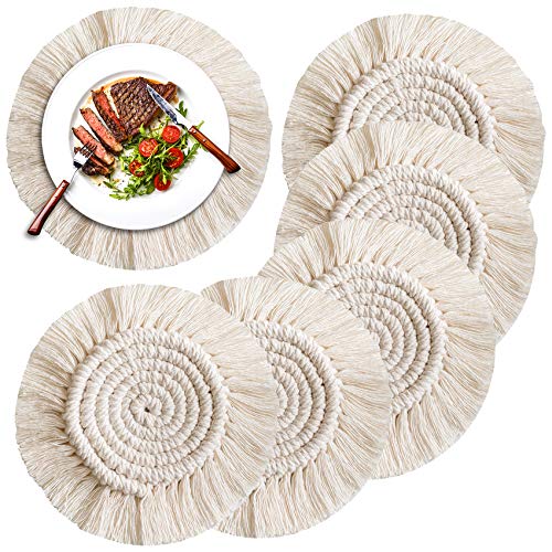 Hocaies Handgemachte Makramee Untersetzer für Getränke, Handgewebtes Tischset Bohemia Style rutschfeste Hitzebeständige Cup Matte fur Tassen, Vasen, Kerzen, Schlafzimmer Desktop-Dekoration (5 Stück) von Hocaies