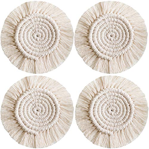 Hocaies Handgemachte Makramee Untersetzer für Getränke, Handgewebtes Tischset Bohemia Style rutschfeste Hitzebeständige Cup Matte fur Tassen, Vasen, Kerzen Desktop-Dekoration (Typ A 4 Stück) von Hocaies