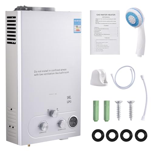 18L Gas Durchlauferhitzer,32KW LPG Propan Warmwasserbereiter Durchlauferhitzer Super Niedrigem 0,5bar Startwasserdruck, für Dusche & Täglichen Gebrauch Campingausflüge Silber von Hocamel