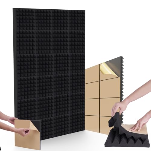48 Stück Akustikschaumstoff,Selbstklebend Schaumstoff Pyramiden, 30 x 30 x 5 cm, Podcasts, Aufnahmestudios, Büros, Heimkino, Akkustikschaumstoffmatten (Schwarz) von Hocamel