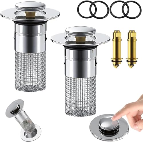 2Pcs Badezimmer Waschbecken Stopper Haarfänger, Edelstahl Bodenabfluss Filter, Pop Up Waschbecken Abfluss Filter mit abnehmbaren Edelstahl Filterkorb Haarfänger, Badezimmer Waschbecken Abfluss Sieb von Hochexin
