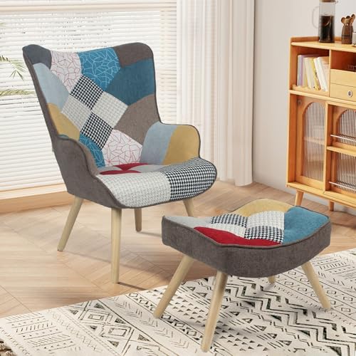 Hoclauho Relaxsessel mit Hocker Patchwork Stoffbezug skandinavisches Design ergonomischer Sessel mit Fußstütze für Wohnzimmer Schlafzimmer Hoclauho Relaxsessel mit Hocker Patchwork Stoffbezug skandinavisches Design ergonomischer Sessel mit Fußstütze für Wohnzimmer Schlafzimmer von Hoclauho