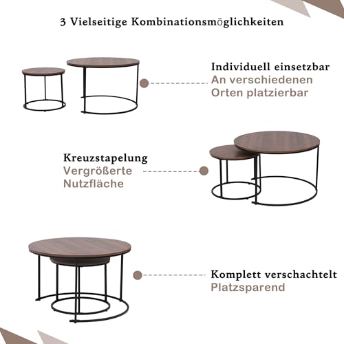 Hoclauho Rund Couchtisch 2er Set mit Metallgestell Stapelbar vielseitig kombinierbar Wasserabweisend stabil für Wohnzimmer Apartments Braun von Hoclauho