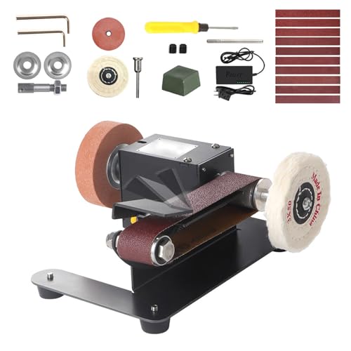 Elektrische Bandschleifmaschine, 350W Mini Bandschleifer mit einstellbarem Winkel, 10 Stück Schleifbänder, 7 einstellbare Geschwindigkeiten, Desktop-Poliermaschine für DIY Holzbearbeitung von Hocomay