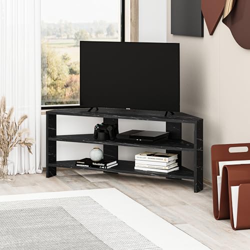 Hocuspicus Eck-TV-Einheit mit 2 Ablagen für Wohnzimmer, Büro, modernes Design, TV-Ständer 32-Zoll-Fernseher, mehrere Farboptionen für Dekorationen (schwarzer Marmoreffekt) von Hocuspicus