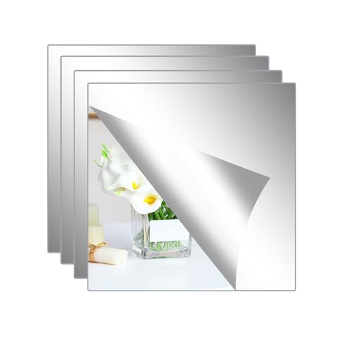 Hode 4 Stück Klebespiegel Selbstklebend, Spiegel zum Aufkleben Kleben 20x20cm, Spiegelfolie Wandspiegel Acryl 2mm Dicke, Selbstklebende Spiegel für Badezimmer Wohnzimmer Schlafzimmer Schrank von Hode