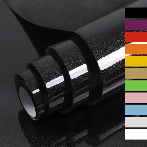 Hode Klebefolie Möbel Schwarz Hochglanz 40cmX3m, Möbelfolie Selbstklebend Folie für Möbel Küche, Küchenfolie Glitzer für Schrank Selbstklebende Tapete Schrankfolien Dekorfolie von Hode