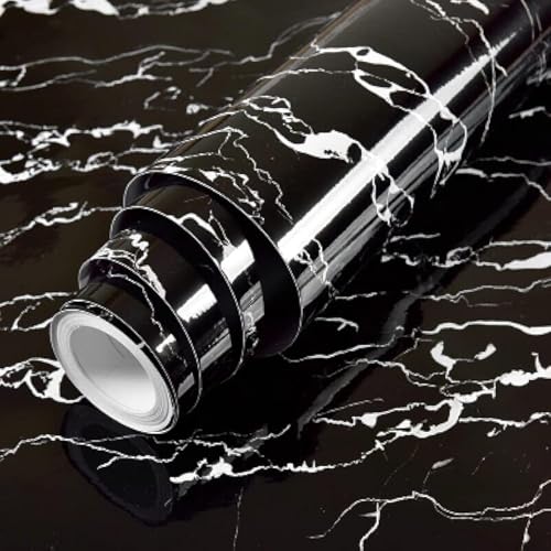 Hode Klebefolie Möbel Selbstklebende PVC Dekofolie Möbelfolie Küchenfolie Selbstklebende Wasserdicht (Schwarz Weißer Glänzend Marmor 40cmX3m) für Möbel Wände Schrank Tisch Schreibtisch Tür von Hode