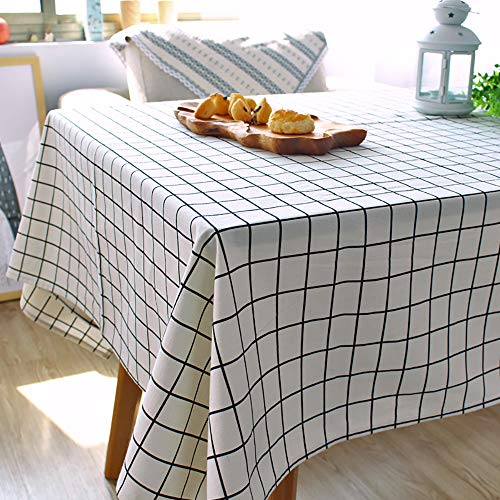 Hodeacc Karierte Tischdecke, Baumwoll-Leinen-Tischdecke, weiß/schwarz, kariert, lichtecht, staubdicht, waschbar, Tischdecke für Küche, Esszimmer, Party, Hochzeit, 140 x 220 cm von Hodeacc