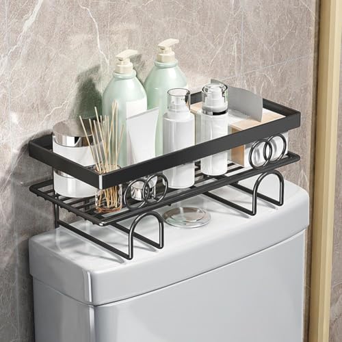 Badezimmer Regal Metall Wc Regal BadezimmermöBel, Toilettenregal Mit Toilettenpapierhalter, ÜBer Der Toilette Aufbewahrungsregal für Die Wand Platzsparend, Kein Bohren (Schwarz, 1 Stufe, 34x15x9.5 Cm) von Hodeffior