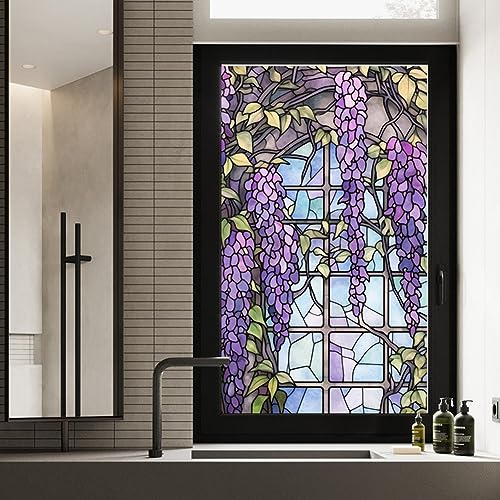 Hodeffior Florales Buntglas-Fensterfolie, UV-blockierend, Wärmedämmung, violettes Muster, statische Fensterhaftungen für Fenster, Glasdekorationen, 60 x 100 cm von Hodeffior