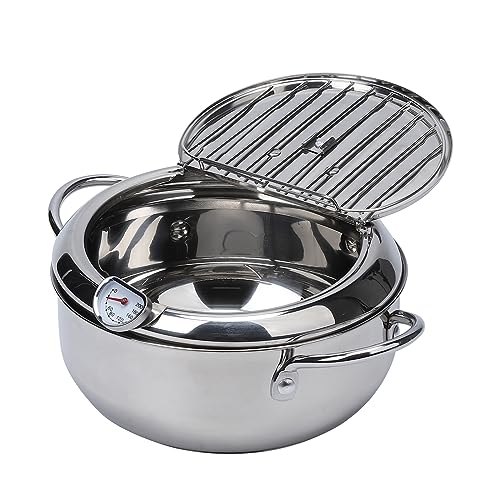Hodeffior Fritteuse Topf Tempura Bratpfanne 304 Edelstahl Flacher Boden Japanischer Stil Kochgeschirr W/Deckel & Temperaturregelung Thermometer von Hodeffior