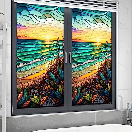 Hodeffior PVC Buntglas-Fensterfolie, nicht klebend, entfernbar, bunt, Meer Sonnenuntergang, Fensteraufkleber für Fenster, Glasdekorationen, 45 x 100 cm von Hodeffior