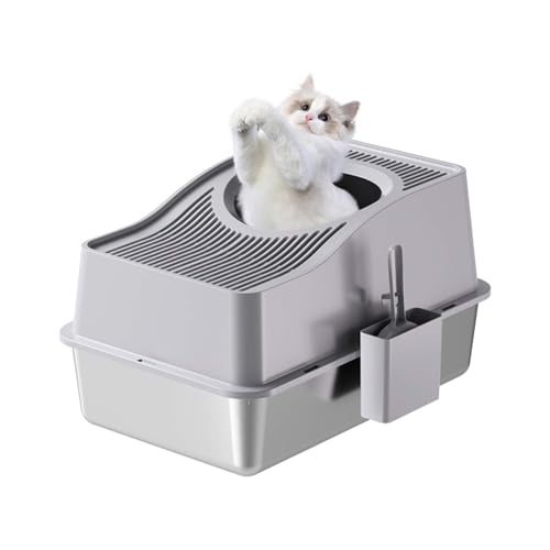 Katzenklo Edelstahl XXL, Katzentoilette Edelstahl mit Deckel & Schaufel, Katzenklo mit Hochwandigem Seitengehäuse, Nicht-Klebrig, Auslaufsicher & Einfach zu Reinigen, für Katzen bis 15 kg, 60*40*35cm von Hodeffior