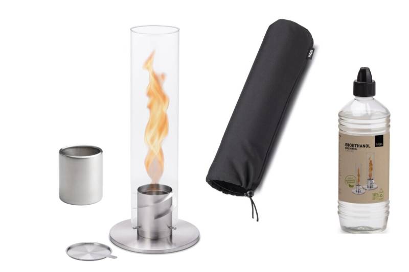 Höfats Spin 120 Tischfeuer Set - SILBER inkl. extra Nachfülldose Abdeckhaube & 1L Bioethanol von Höfats