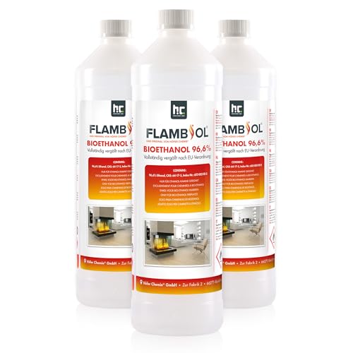 FLAMBIOL Bioethanol 96,6% Premium 3 x 1 L - Ethanol für Tischkamin, Kamin & Gartendeko für Draußen - Rauch- und Rußfrei - Aus Mais & Zuckerrüben von Höfer Chemie