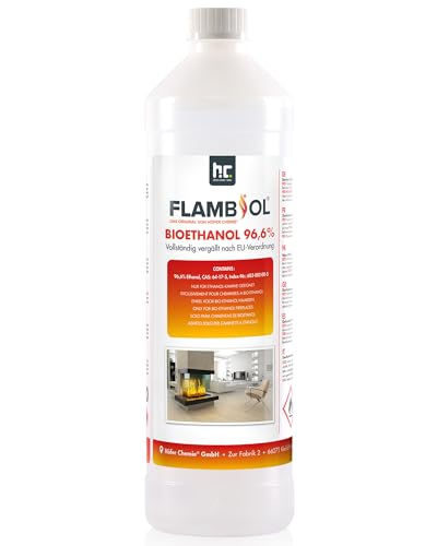 FLAMBIOL Bioethanol 96,6% Premium 1 x 1 L - Ethanol für Tischkamin, Kamin & Gartendeko für Draußen - Rauch- und Rußfrei - Aus Mais & Zuckerrüben von Höfer Chemie