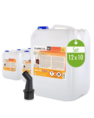 FLAMBIOL Bioethanol 96,6% Premium 12 x 10 L - Ethanol für Tischkamin, Kamin & Gartendeko für Draußen - Rauch- und Rußfrei - Aus Mais & Zuckerrüben von Höfer Chemie