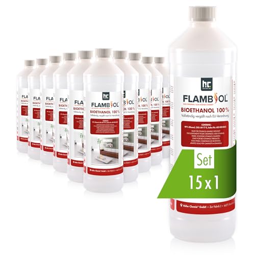 Höfer Chemie 15x 1 L FLAMBIOL® Bioethanol 99,9% Premium für Ethanol Kamin, Ethanol Feuerstelle, Ethanol Tischfeuer und Bioethanol Kamin von Höfer Chemie