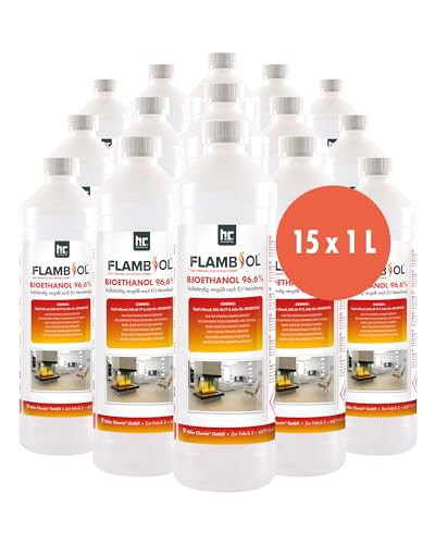 FLAMBIOL Bioethanol 96,6% Premium 15 x 1 L - Ethanol für Tischkamin, Kamin & Gartendeko für Draußen - Rauch- und Rußfrei - Aus Mais & Zuckerrüben von Höfer Chemie