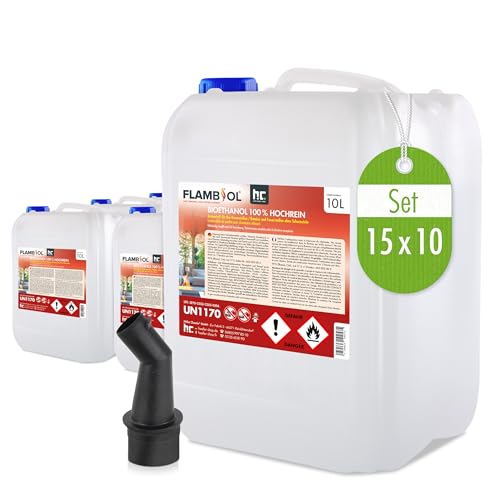 Höfer Chemie 150 L FLAMBIOL® Bioethanol 99,9% Hochrein (15 x 10 L) für Ethanol Kamin, Ethanol Feuerstelle, Tischfeuer und Bioethanol Kamin von Höfer Chemie