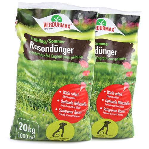 Verdurmax 2 x 20 kg Rasendünger Frühling & Sommer - Langzeit Rasendünger mit Stickstoff für 2000m² saftig grünen Rasen - Hundeverträglich & tierfreundlich - Für Streuwagen geeignet von Höfer Chemie