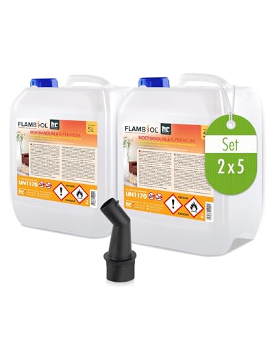 Höfer Chemie 2 x 5 L (10 Liter) FLAMBIOL® Bioethanol 96,6% Premium für Ethanol Kamin, Ethanol Feuerstelle, Ethanol Tischfeuer und Bioethanol Kamin von Höfer Chemie