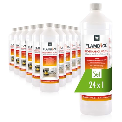 FLAMBIOL Bioethanol 96,6% Premium 24 x 1 L - Ethanol für Tischkamin, Kamin & Gartendeko für Draußen - Rauch- und Rußfrei - Aus Mais & Zuckerrüben von Höfer Chemie