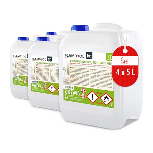 Höfer Chemie 4 x 5 L (20 Liter) FLAMBIOL® Premium Brenngel für Brenngel Dekofeuer Lampe & Kamine - Neue REZEPTUR DICKFLÜSSIGES Gel von Höfer Chemie