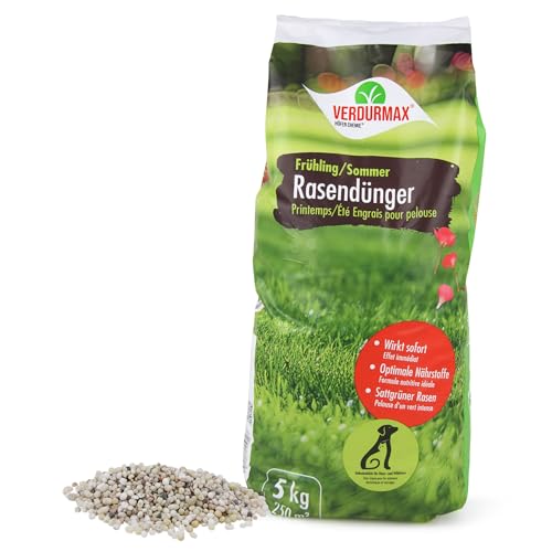 Verdurmax 5 kg Rasendünger Frühling & Sommer - Langzeit Rasendünger mit Stickstoff für 250m² saftig grünen Rasen - Hundeverträglich & tierfreundlich - Für Streuwagen geeignet von Höfer Chemie
