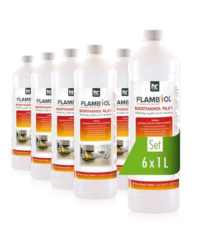 FLAMBIOL Bioethanol 96,6% Premium 6 x 1 L - Ethanol für Tischkamin, Kamin & Gartendeko für Draußen - Rauch- und Rußfrei - Aus Mais & Zuckerrüben von Höfer Chemie