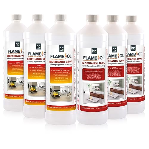 Höfer Chemie 6 x 1 L FLAMBIOL® Bioethanol Probierset für Ethanol Kamin, Ethanol Feuerstelle, Ethanol Tischfeuer und Bioethanol Kamin von Höfer Chemie