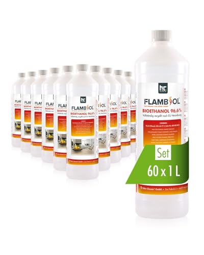 FLAMBIOL Bioethanol 96,6% Premium 60 x 1 L - Ethanol für Tischkamin, Kamin & Gartendeko für Draußen - Rauch- und Rußfrei - Aus Mais & Zuckerrüben von Höfer Chemie