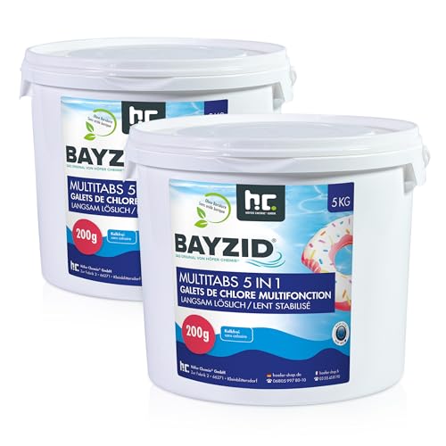 BAYZID Chlor Multitabs 5 in 1-200g Chlortabletten für Pool - 2 x 5kg - 5-Phasen Pflege & Reinigung - Made in Europe - Für kristallklares Poolwasser von Höfer Chemie