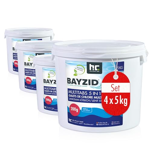 BAYZID Chlor Multitabs 5 in 1-200g Chlortabletten für Pool - 4 x 5kg - 5-Phasen Pflege & Reinigung - Made in Europe - Für kristallklares Poolwasser von Höfer Chemie