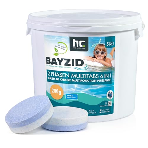 Höfer Chemie Chlor Multitabs 6 in 1-200g Chlortabletten im 5kg Eimer - 2 Phasen Wirkung zur Schockchlorung. Langzeitpflege, Desinfektion, Algenverhütung, Trübungsentfernung, Kalkvermeidung, pH-Wert von Höfer Chemie