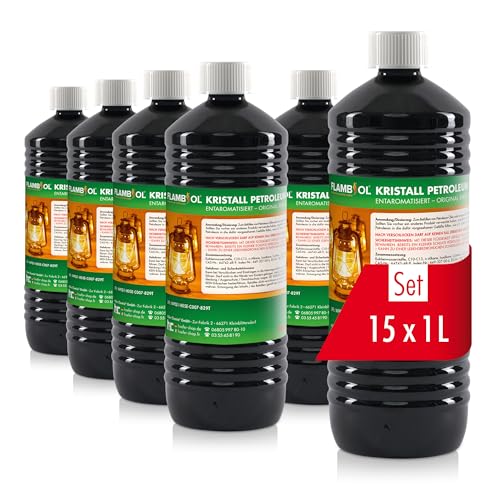 Höfer Chemie FLAMBIOL Gereinigtes Petroleum 15 x 1 L Heizöl - Entaromatisierte Qualität - Für Campingheizung, Petroleumlampe & Grillanzünder - Rußfreie Verbrennung von Höfer Chemie