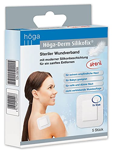 Höga Derm Silikofix 9 cm x 10 cm, steriler Wundverband (Pflaster) mit moderner Silikonbeschichtung für ein sanftes Entfernen, 5 Stück, Weiß von Höga