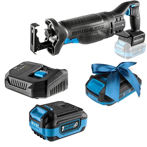 HÖGERT TECHNIK Akku-Säbelsäge Set, 18V Bürstenlos, inkl. 4.0Ah Akku und Schnellladegerät, 0-3000 U/min, 28mm Sägeblatthub, Metallgetriebe, Anti-Vibrationsgriff + PROMO 2,0 Ah Akku von Högert Technik