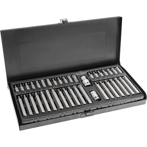 HÖGERT TECHNIK Bit-Set 40-tlg., TORX, Spline, Sechskant (30/75 mm), CrV-Stahl, 10 mm Aufsatz, 3/8" & 1/2", in Metallbox, Schrauberbit-Set Profi Qualität von Högert Technik