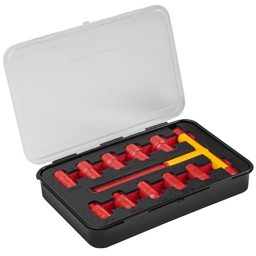 HÖGERT TECHNIK 11er-Set Isolierter Steckdosensatz mit T-Schlüssel Typ 1000 V, 11-tlg. VDE-zertifiziert für bis zu 1000 Volt | 10 Stück 1-3/8" isolierte Steckschlüssel und 1 T-Schlüssel mit Griff von Högert Technik