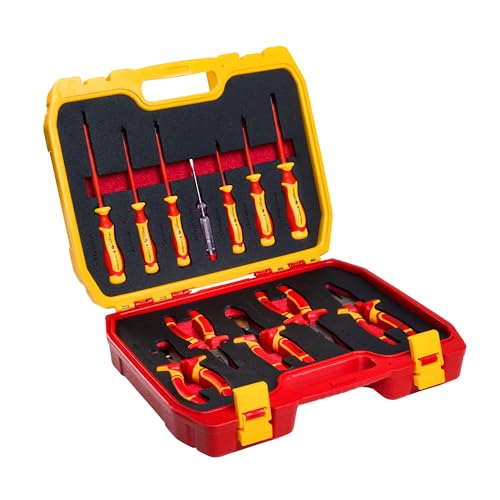 HÖGERT TECHNIK 12er-Set Elektriker Werkzeug Set isolierter 1000V Hand Screwdriver, Schlitz und Kreuz Schraubendreher, Zangen, Spannungsprüfe, Kunststoffkoffer Werkzeugsatz von Högert Technik