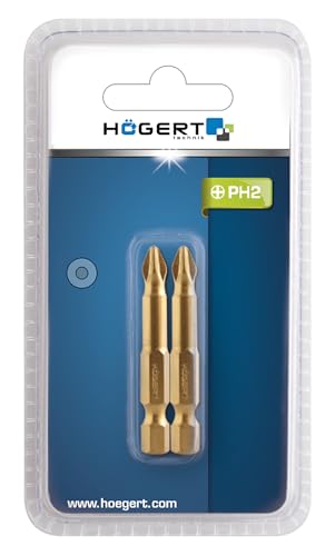 HÖGERT TECHNIK – PH2 Bit-Set 50 mm aus S2-Stahl, TiN-beschichtet, 2 Stück, Slim-Profil für schwer zugängliche Schrauben, präzise, rutschfest, kompatibel mit 1/4" Aufnahme von Högert Technik
