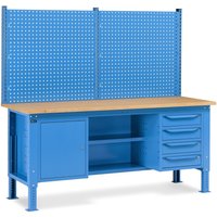 Fami Werkbank, höhenverstellbar, mit Multifunktionswand, 4 Schubladen, Schrank, Rückwand mit 2 Fachböden, TK 1.000 kg, HxBxT 740-1.110 x 2.000 x 750 mm, RAL 5012 lichtblau von Fami