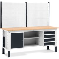 Fami Werkbank, höhenverstellbar, mit Multifunktionswand, 4 Schubladen, Schrank, Rückwand mit 2 Fachböden, TK 1.000 kg, HxBxT 740-1.110 x 2.000 x 750 mm, RAL 7035 lichtgrau / RAL 7016 anthrazitgrau von Fami